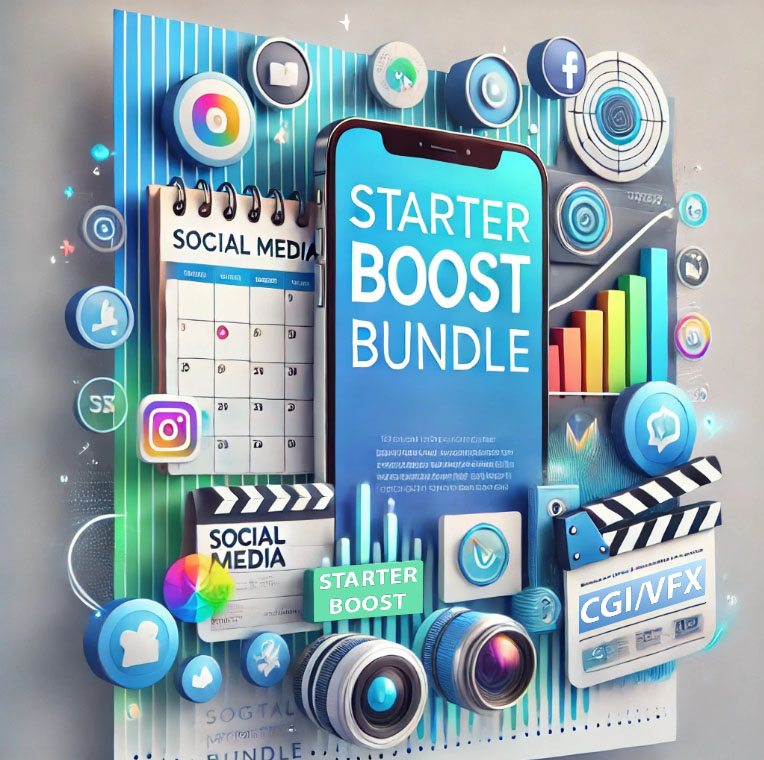 Image showcases starter boost bundle which is a blend of creative social media content with VFX and CGI to captivate and engage your audience.