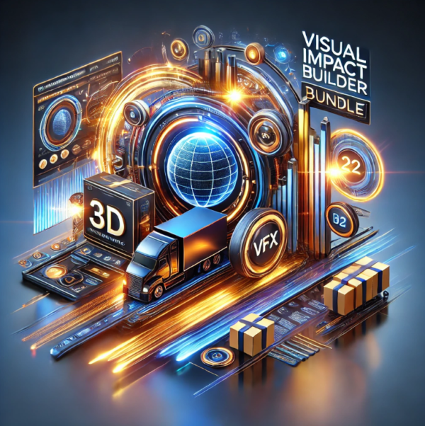 The image showcases a futuristic and vibrant digital design centered around the theme of visual creativity and technology. A glowing blue globe is surrounded by metallic, circular frames and golden light accents. The text "VISUAL IMPACT BUILDER BUNDLE" stands prominently, emphasizing a premium product or service. The composition includes various tech-inspired elements such as a 3D box labeled "3D," a stylized delivery truck, VFX branding, and packages, suggesting themes of motion graphics, 3D modeling, or visual effects. The background is a sleek dark gradient, enhancing the bright neon and metallic details.